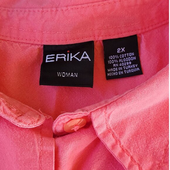 Erika Womens Coral Vacation Postcard Print Button-Up Shirt Size 2X Grandmacore - Picture 7 of 16